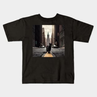 Digital art, Black Cat walking down a street in the city Sticker Kids T-Shirt